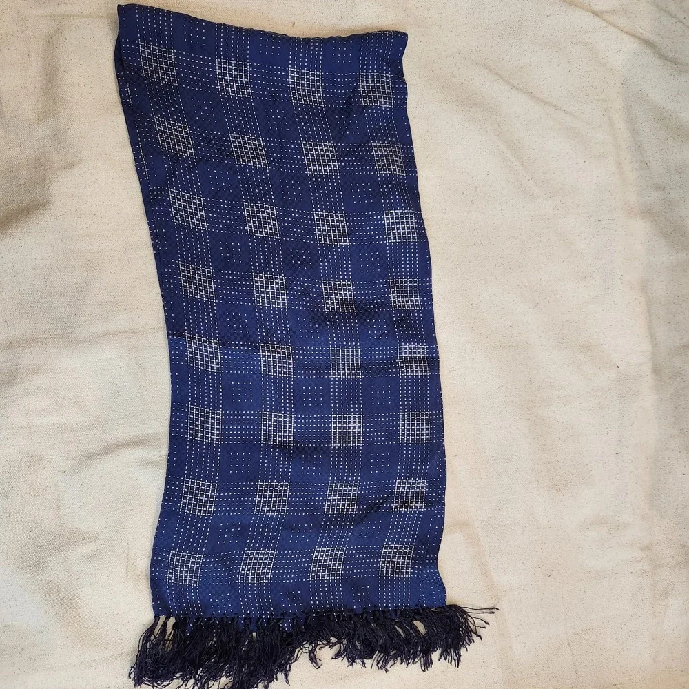 Echo Blue Silk Scarf Geometric Plaid Grid Pattern Fringe Tassels Designer Neck